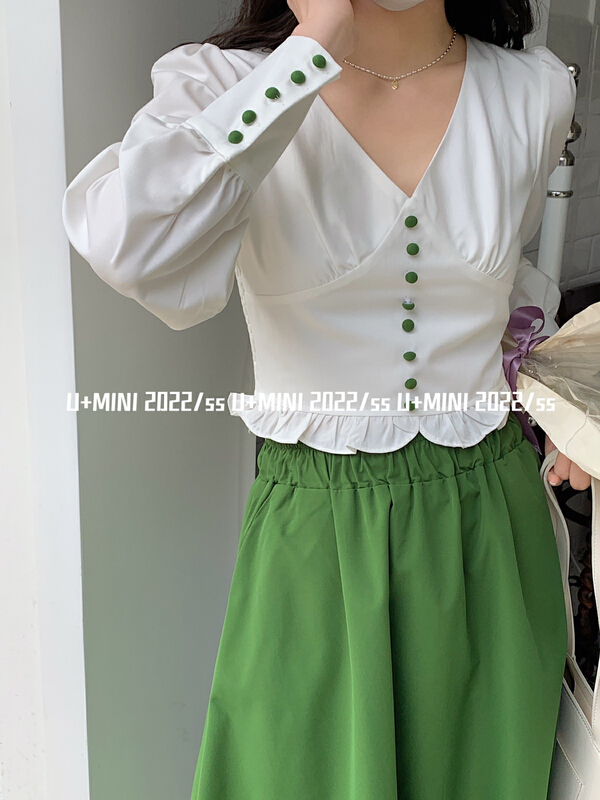 New year in early spring! [U + Mini] Korean V-neck fungus edge short shirt d0509# jhy
