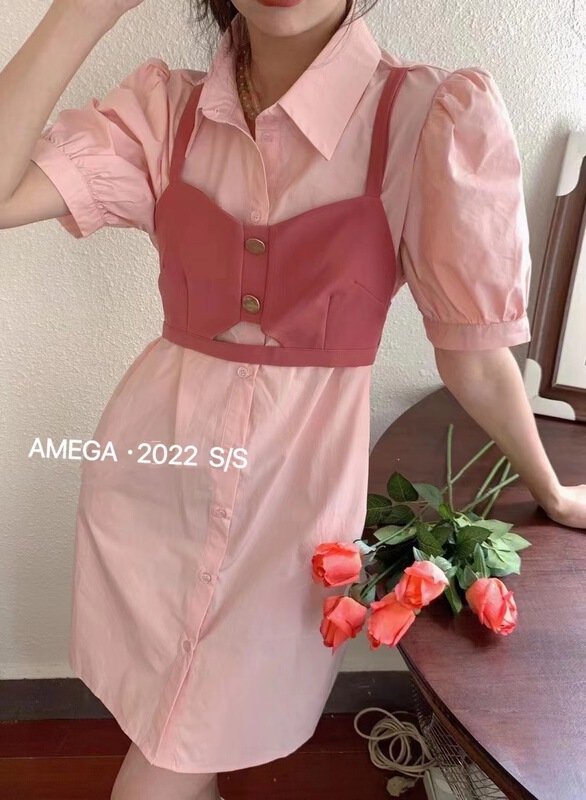 goods in stock! [amega] Korean design fake two-piece dress 6927# HBx