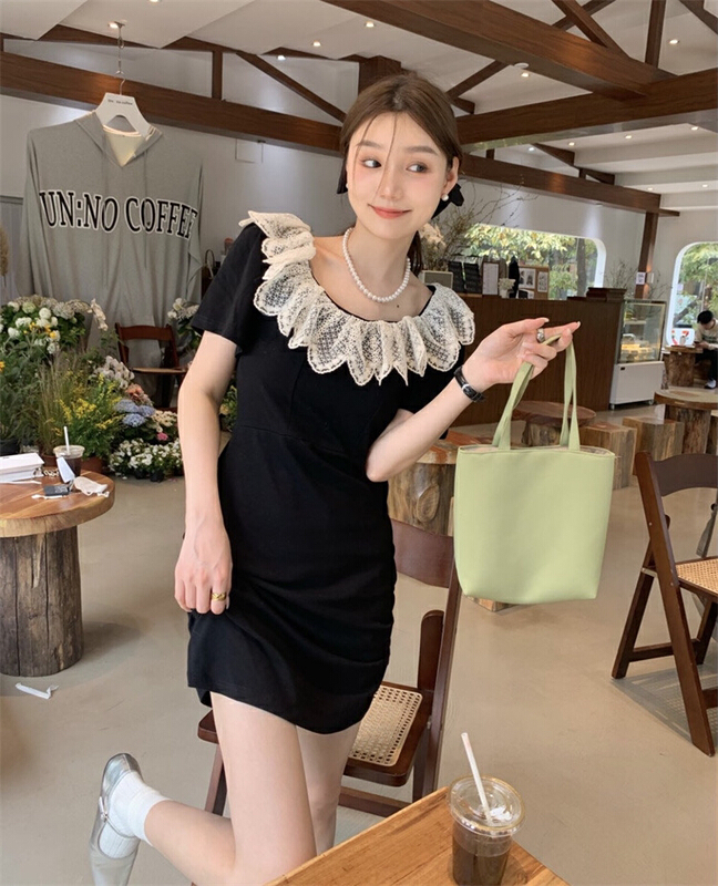goods in stock! New in early summer! [timely rain] Han Feng ins sweet temperament French design sense lace lace collar waist tight thin dress 6485# WPL