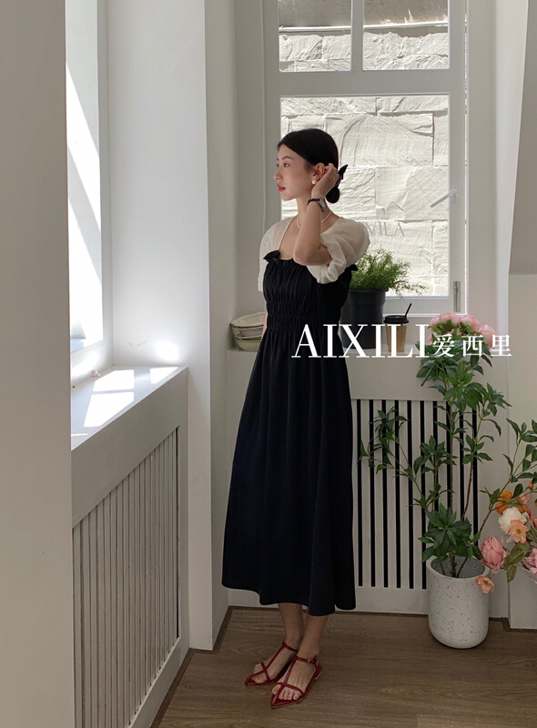 [aixili aisili] Korean stitched square neck bubble sleeve dress 6398# WPL