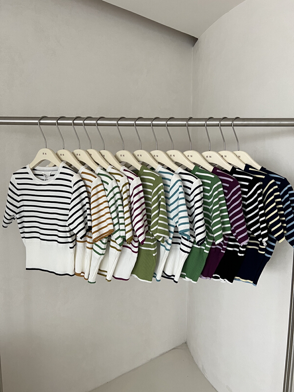 [R n] Korean version with a slim waist, short sleeved round neck striped sweater 80581# ll