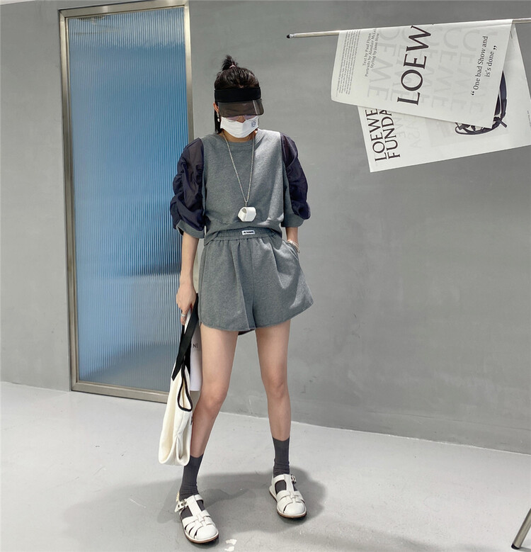 [Hyso] short color blocking bubble sleeve short sleeve T-shirt + elastic waist versatile casual Shorts Set 5177# XJ