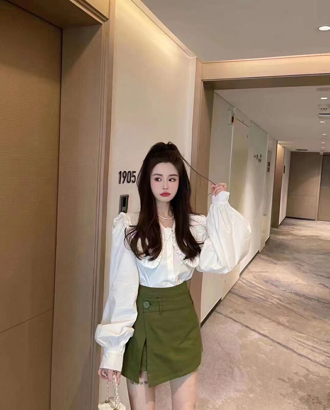goods in stock! New in early summer! [DS] Korean style baby collar solid color shirt + slim solid color comfortable skirt suit 9806# FF