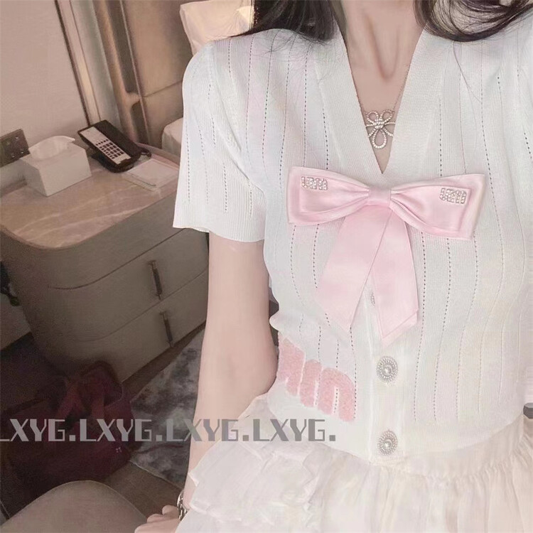 New in early summer! [Linna] sweet V-neck short sleeve sweater (with detachable bow) 82780# zxx