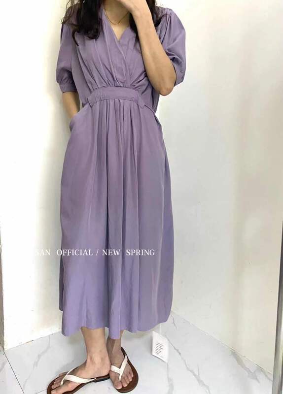 [Susan] V-neck waist down solid dress 18292# LSW
