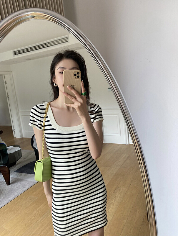 [savage] Korean contrast stripe slim fit Hip Wrap Dress e8169# WPL