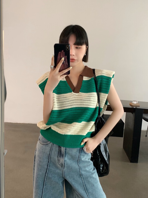 [DTU] striped loose V-Neck Sweater 32993# LSL