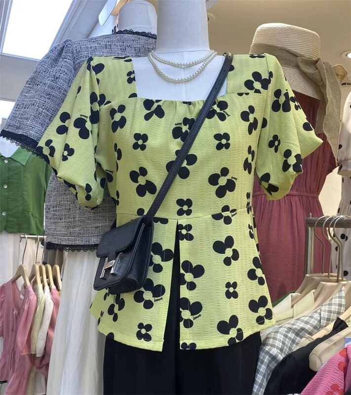 [Fuyue] temperament print slim fit bubble sleeve blouse (without bag) 22069# HBx