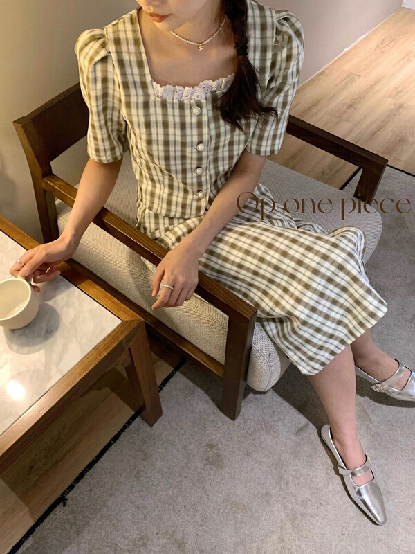 [OP one piece] Korean Plaid blouse + high waist versatile skirt set op3126# hjy
