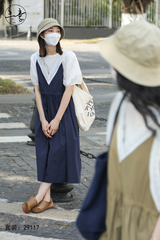 [original of three plain clothes] solid color loose lace blouse + Japanese vest skirt two-piece suit 29117# XYJ