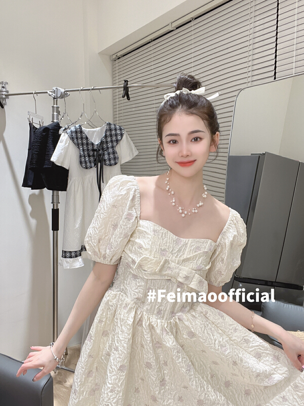 [Feimao (Yimao)] Korean style square neck bubble sleeve bow dress ym-7759# LSL