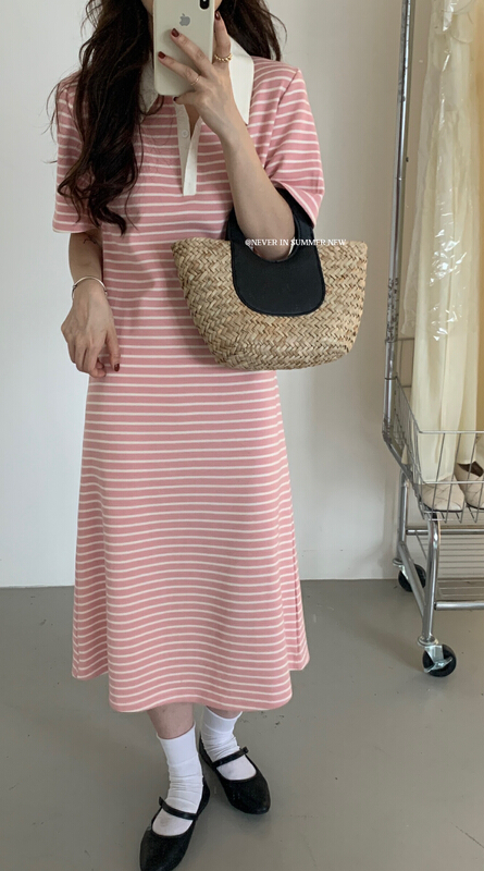 [Jin. C] Lapel stripe polo collar dress z1521# XYY