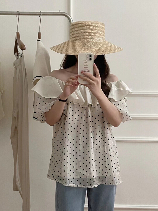 [love] temperament and atmosphere wave point one line collar shirt (only small shirts) s1265# HBx