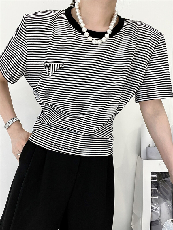 [m2w. D] round neck color contrast edge stripe short sleeve T-shirt (T-shirt only) 91108# ozq