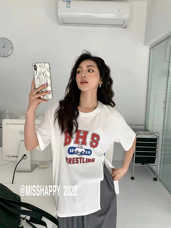 goods in stock! [rainbow] side slit contrast letters short sleeve T-shirt 11826# WTT