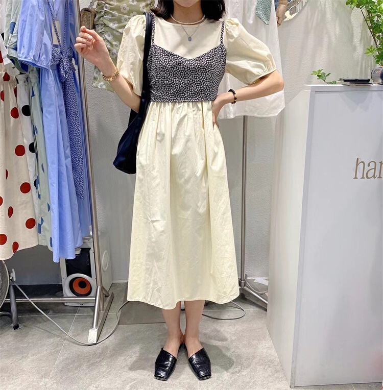 [thank. Ou] simple wave point blouse + Korean Style Bubble Sleeve Dress Set 9956# CLS