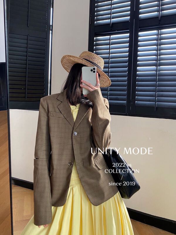 goods in stock! New year in early spring! [unit] sense of design niche hollowed out Plaid suit 8906# cqw