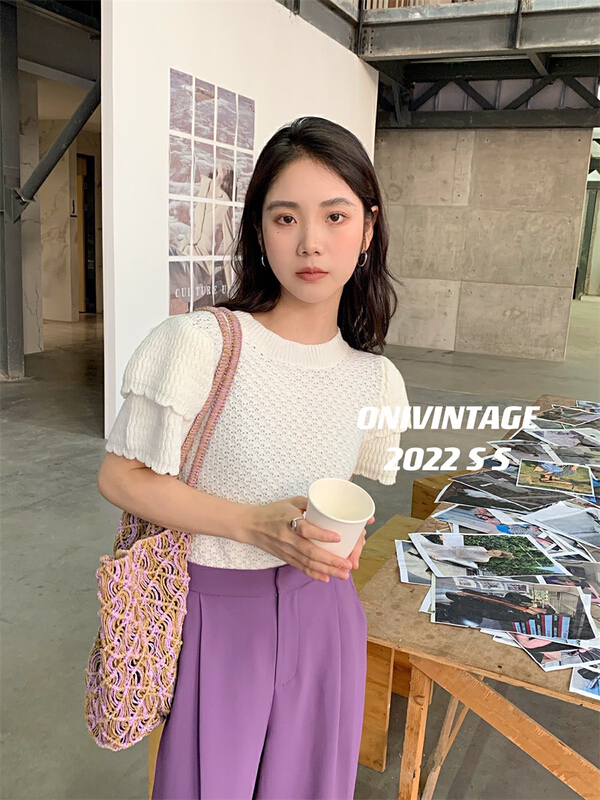 [x · h studio] crew neck short sleeve small crowd gentle style bubble sleeve T-shirt 8527# ozq