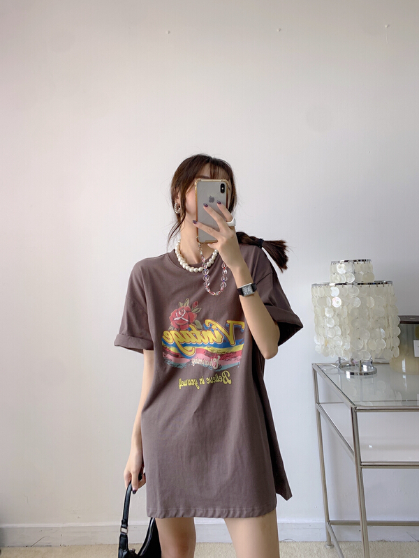 [Vanessa] xiaozhongchao rainbow rose medium long short sleeve T-shirt t28# ozq
