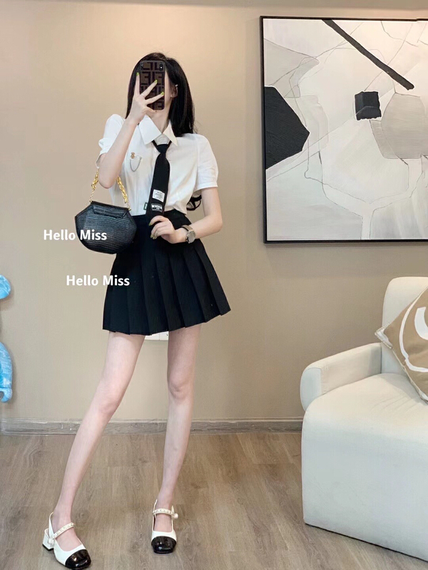 [Hello Miss] casual simple short sleeved shirt (with tie) (the badge cannot be removed) 269# PCZ