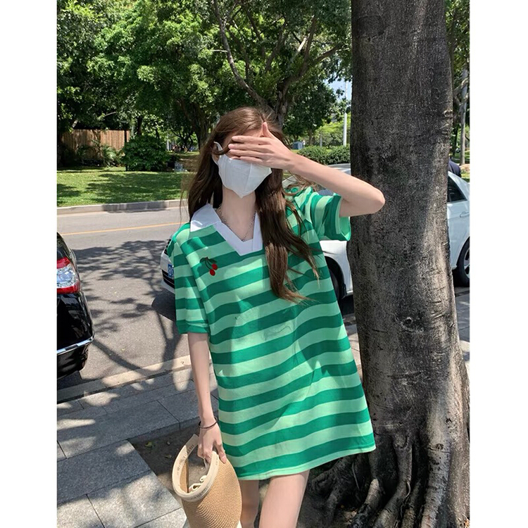 [miss hee hee] polo collar stripe design lower garment missing bubble sleeve loose knit shirt 305# Cl