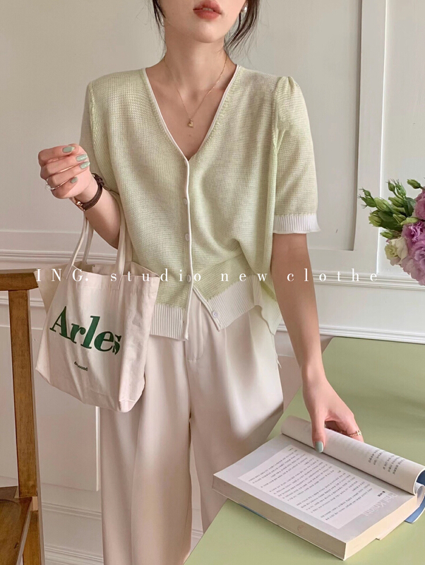 New in early summer! [ing] soft and comfortable color blocking edge loose V-neck knitted cardigan w3229# ZSY