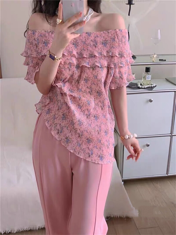 [Wo +] one shoulder floral short ins shirt 22572# zxx