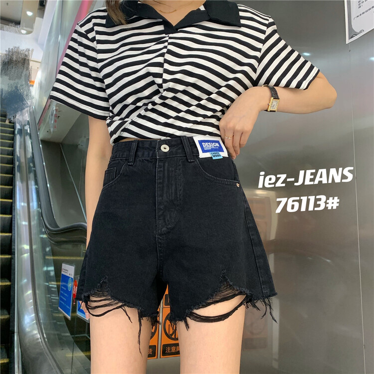 [IEZ] Korean style hole breaking comfortable denim shorts 76113# hyy