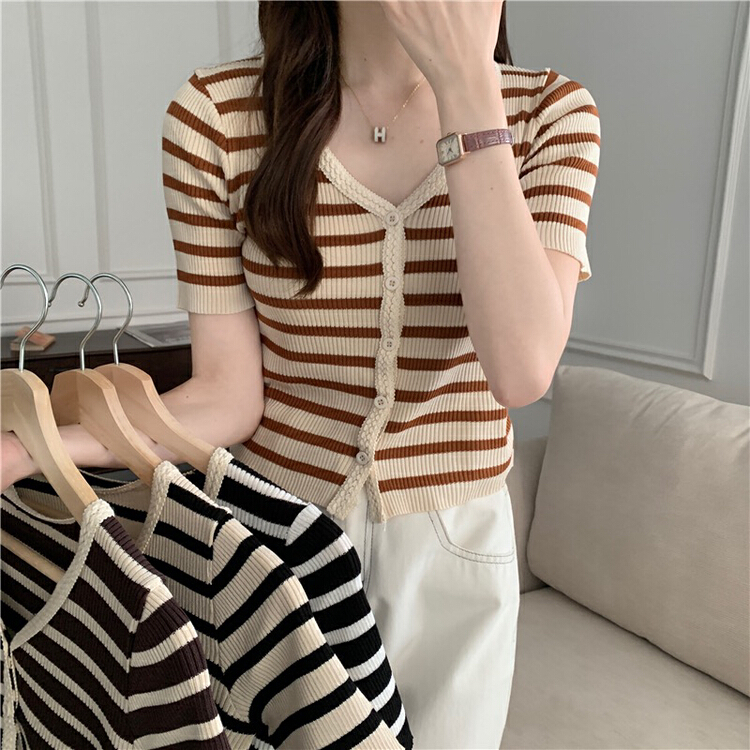 [f · P] Korean V-neck stripe knitted cardigan 28622# HBx