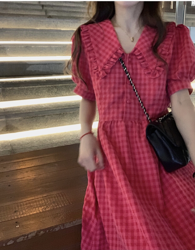[man] raspberry fruit White V-Neck bubble sleeve rose red dress 2458# ozq