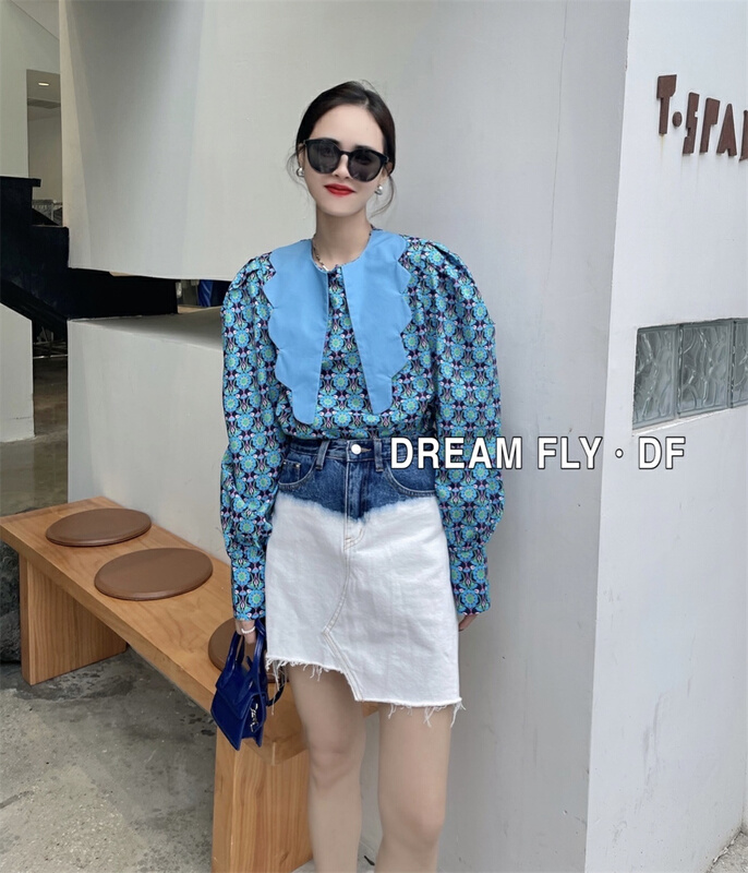 New year in early spring! [dream fly] Vintage Floral featured collar shirt 61046# XJ