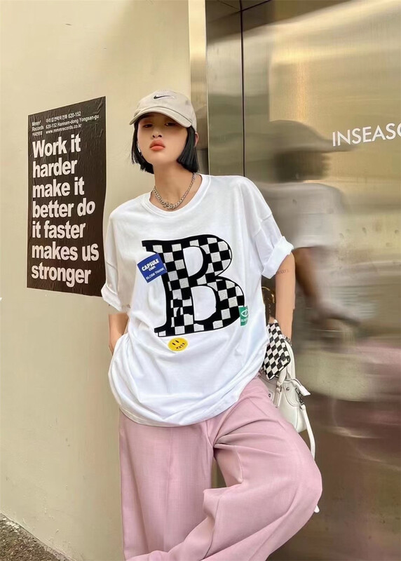 [Yi Ge Li] Korean loose letter hot drill design Short Sleeve T-shirt 1026# WPL