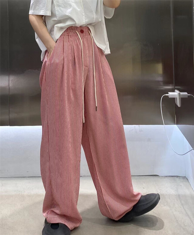 [we home] drawstring elastic waist comfortable Plaid casual pants 2824# L