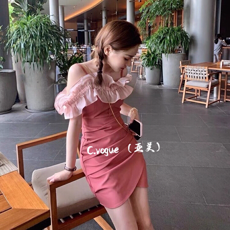 [c.vogue] atmosphere wood ear stitching off shoulder sling one-piece collar dress 29780# PCZ