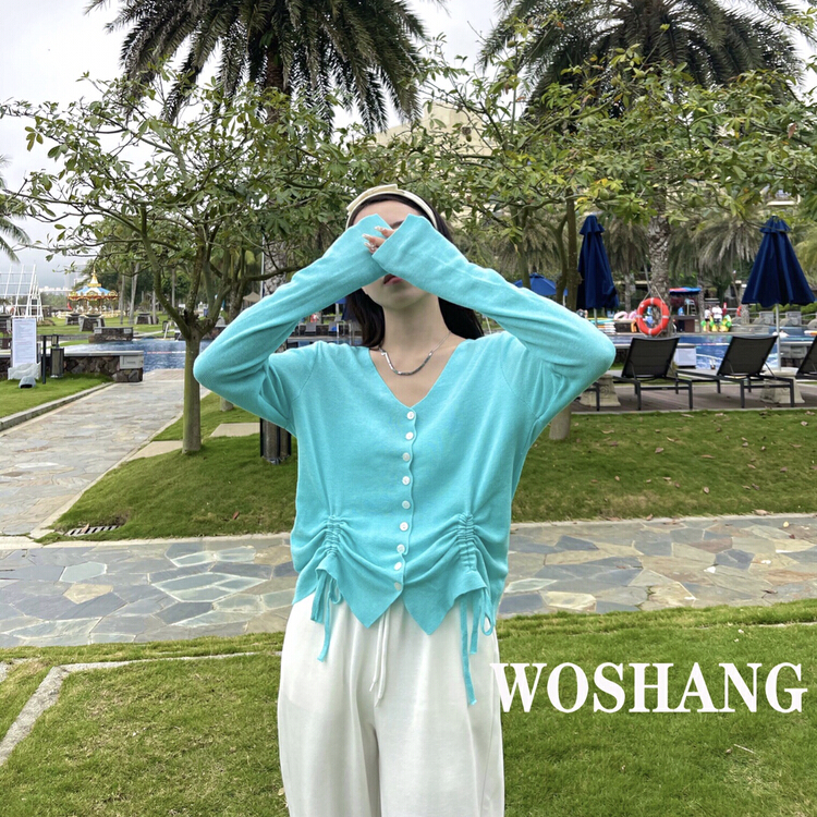 New year in early spring! [woshang] design sense drawstring lace up V-neck pleated sweater 1078# XYJ
