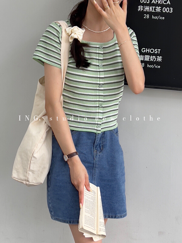 [ing] Korean striped square neck short knit cardigan w3526# HBx