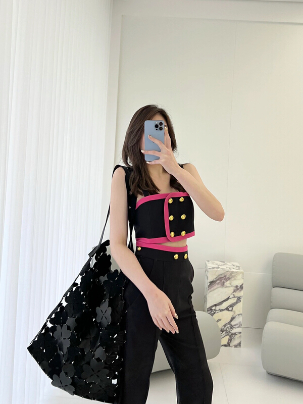 New in early summer! [Alala] niche design small fragrance suspender splicing contrast color metal buckle Vest + high suit t1350# JJ