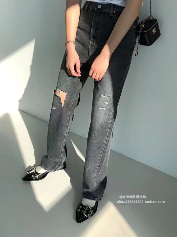 [x2 Vance feather] high waisted hole straight tube floor dragging jeans 6096\wtt