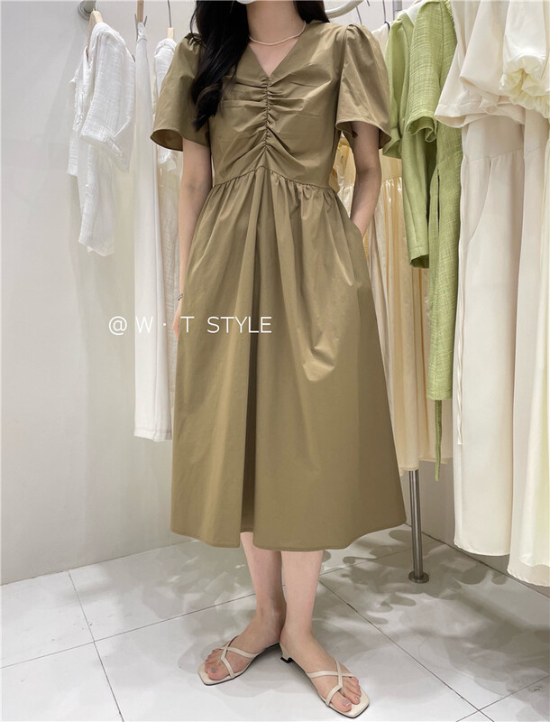 [wt] V-neck pleated bubble sleeve dress b337# HBx