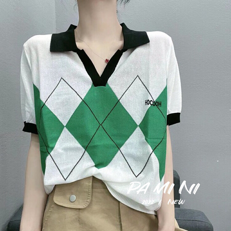[pamini] Polo neck loose and thin V-neck contrast plaid sweater 22139# Cl