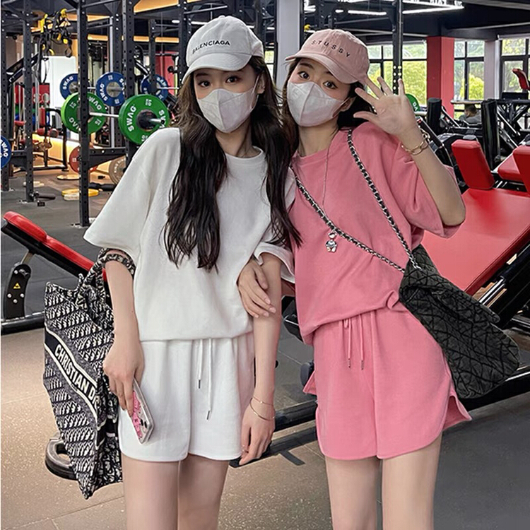 [jun.t] round neck clean color loose short sleeve T-shirt + casual Shorts Set 6010# PCZ