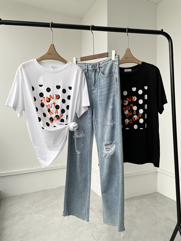 [meet] dot letter printed short sleeve T-shirt 6603# ozq