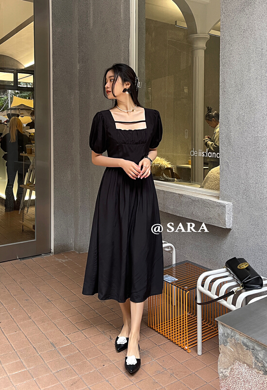 New in early summer! [Sara] French square neck hollow out court style waist closing dress 88813# lwy