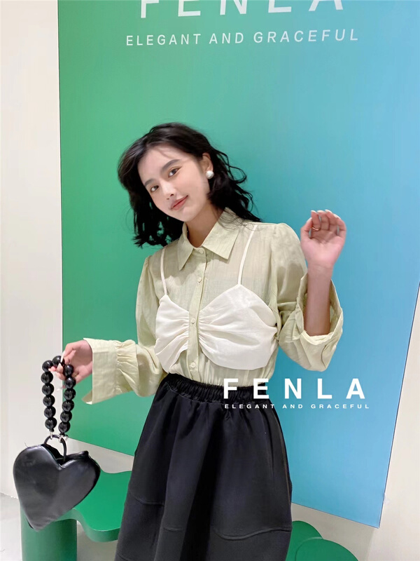 [fenla] fake two-piece bra fashion design sense niche shirt 3989# XYJ