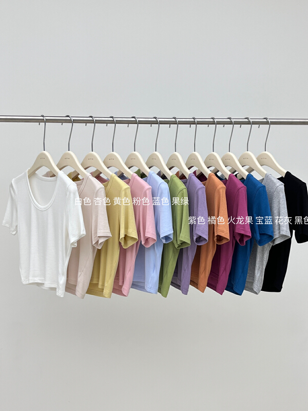 New in early summer! [Kittin] candy color slim fit U-neck short sleeve T-shirt 375# XYY