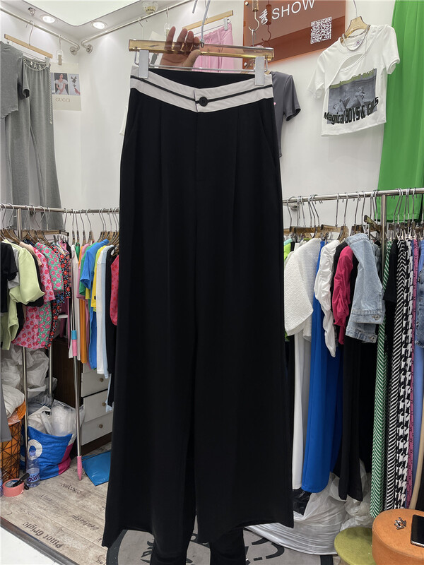 [show] contrast color waist straight tube wide leg trousers 28069# ozq