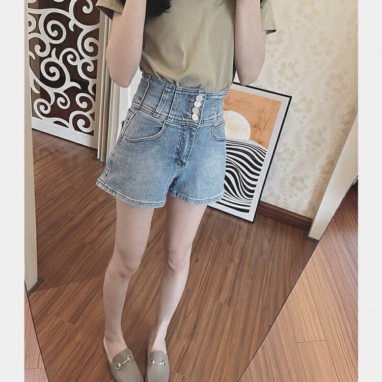 New in early summer! [Jiajia Muli] high waist button buttock elastic denim shorts 9073# L