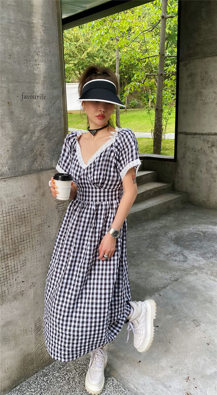 [yixuanru] fashion temperament V-neck Plaid Dress 9292# ozq