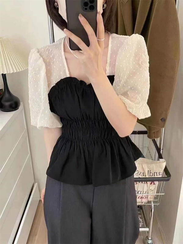 New in early summer! [Susan] color blocking Korean crimping shirt 18081# LSW