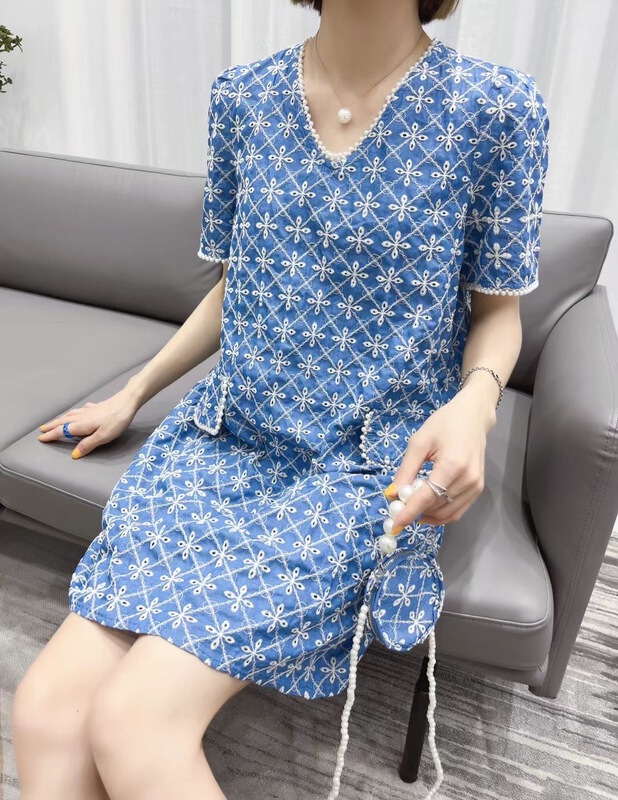 [UUS] Korean pleated denim dress (with bag) 222331# zyh
